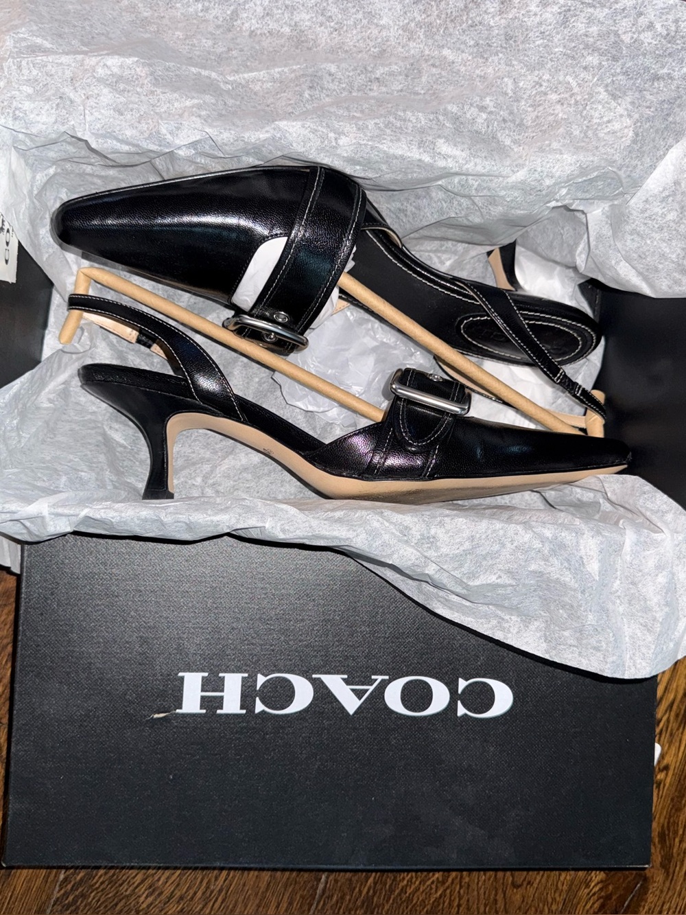 COACH Black Leather Mrgot Slingback Kitten Heel Pumps